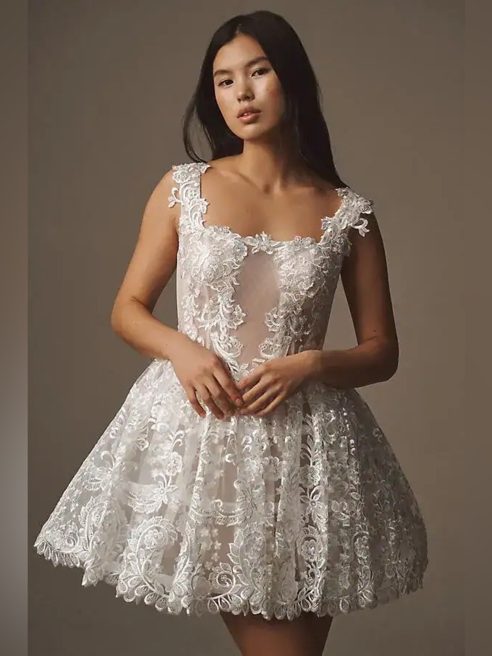 Anthropologie BHLDN White Lace Appliqué Square Neck Bridal Mini Dress NWT Size 8